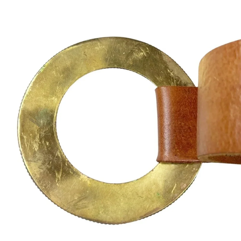 Chico's Genuine Leather Belt Size Medium Tan Statement Buckle Boho Cowgirl